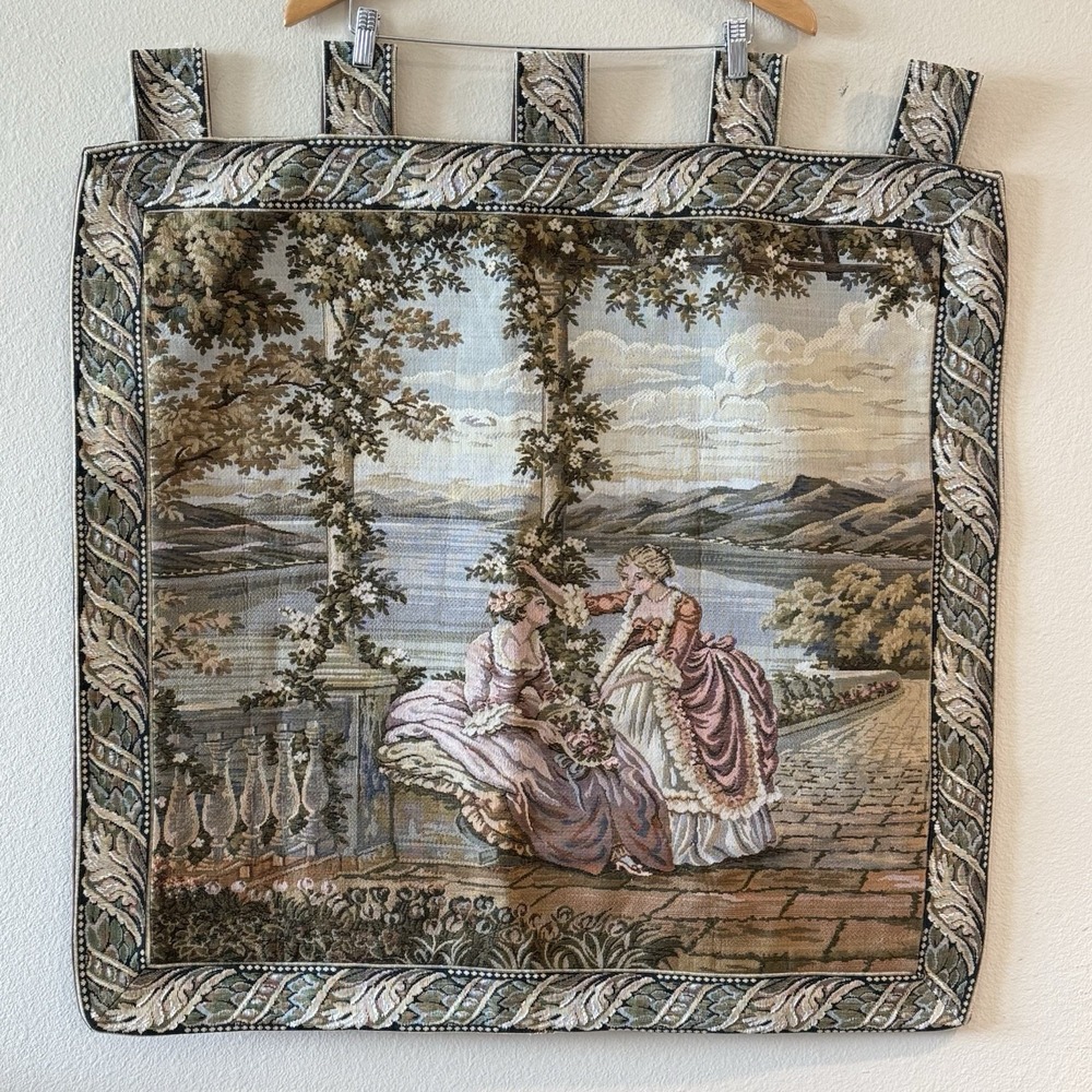 Vintage French Rococo Ladies Lake Como Woven Tapestry Wall Hanging 33x32
